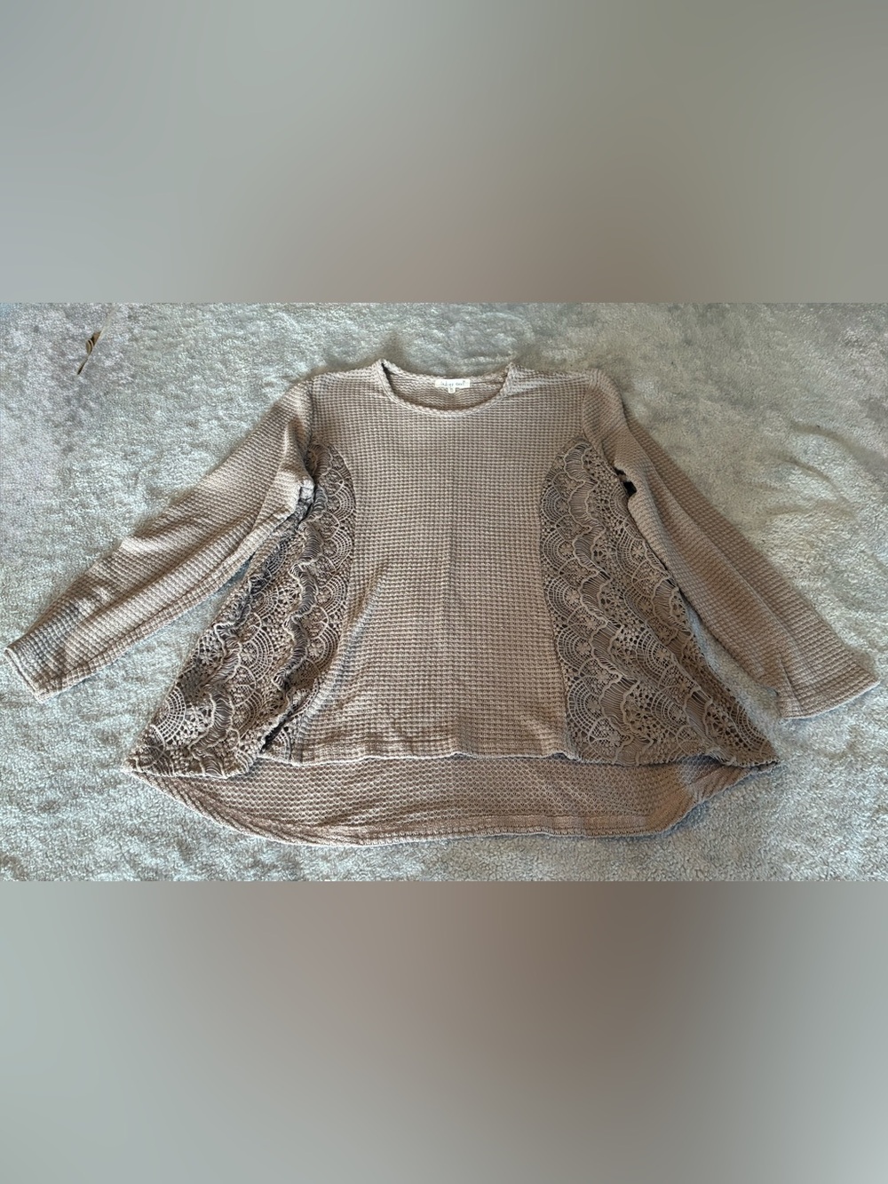 Women’s Indigo Soul Taupe Lace-Panel Waffle Knit Long-Sleeve Top Size X-Large